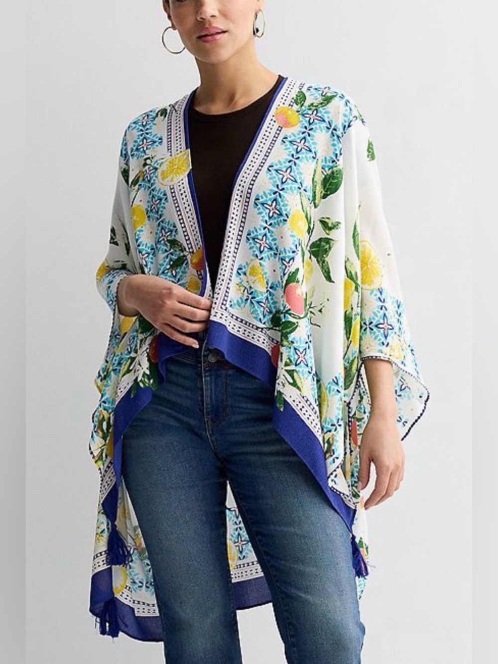 Nine West Floral Lemon Print Kimono with Blue Trim- O/S NWT